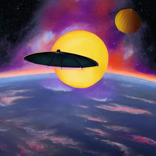 Image similar to giant umbrella in space is blocking the sun, seen from earth, art deco painting