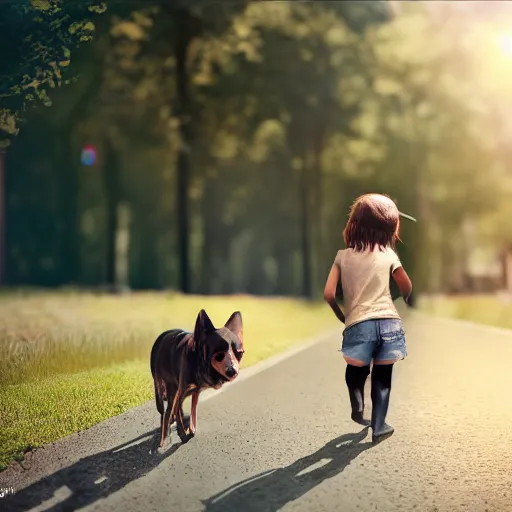 Prompt: Full lenght view contamporary art photography of ultra mega super hyper realistic girl walking with a dog . Photo on Leica Q2 Camera, Rendered in VRAY and DaVinci Resolve and MAXWELL and LUMION 3D, Volumetric natural light