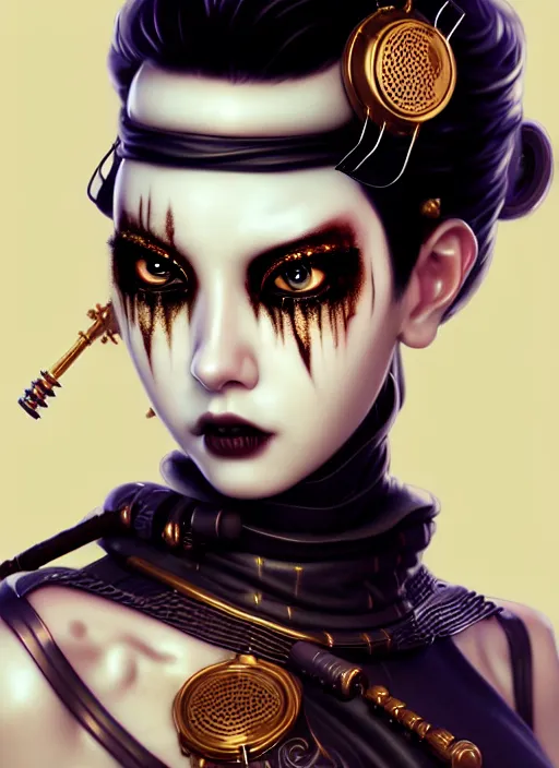 Image similar to soft lustrous ivory ebony geisha yakuza raver gutter punk gothic biotech steampunk cyborg, golden ratio, details, scifi, fantasy, cyberpunk, intricate, decadent, highly detailed, digital painting, octane render, artstation, concept art, smooth, sharp focus, illustration, art by artgerm, loish, wlop