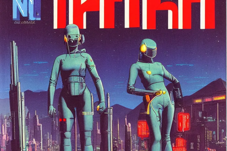 Image similar to 1979 OMNI Magazine Cover of vervet apeling Paladin . window showing neo-Tokyo streets behind her. in cyberpunk style by Vincent Di Fate