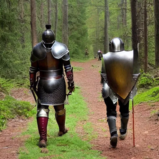 Image similar to Knight Theo is all in iron armor and his squire, who only has a spear, are walking along a forest path. Beautiful 8k style