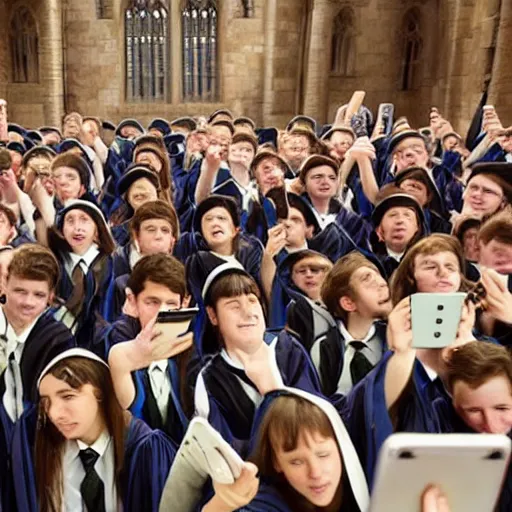 Image similar to Photo of Hogwarts students looking at their smartphones