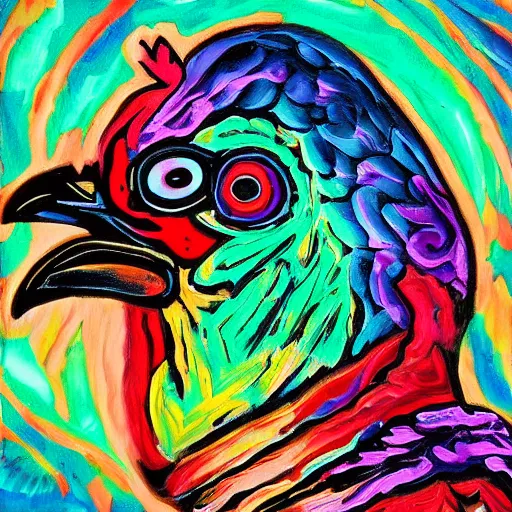 Prompt: psychedelic style painting of a chicken dinner