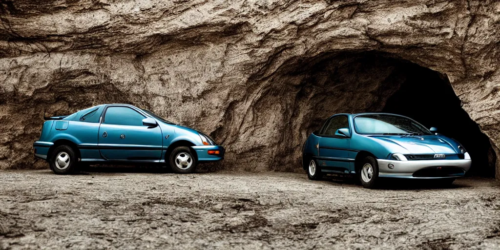 Prompt: a pontiac sunfire, in a dark cave, photography