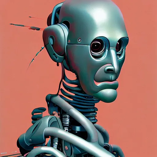 Image similar to Portrait of an artificial intelligence robot,highly detailed, very coherent, painted by Francis Bacon and Edward Hopper, Wayne Barlowe, painted by James Gilleard, surrealism, airbrush, art by JamesJean