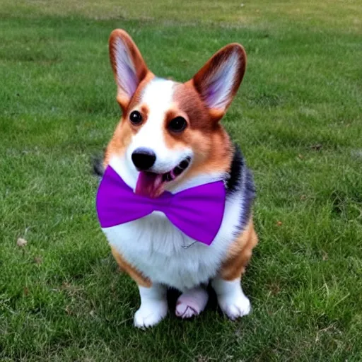 Image similar to a corgi wearing a purple party hat and a red bowtie