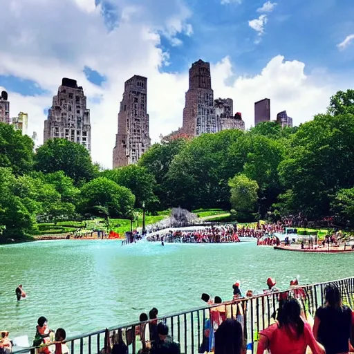 Image similar to photo of a large water park inside of central park. the new york city skyline is shown in the background.