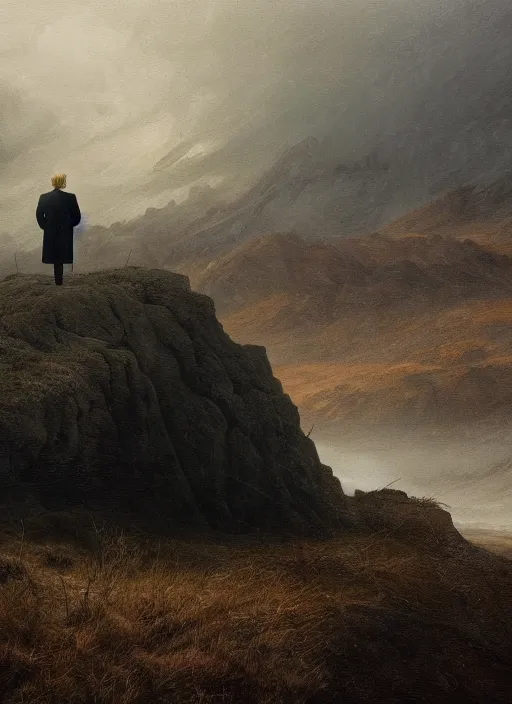 Prompt: portrait of donald trump in anguish a desolate misty landscape, closeup, painted by caspar david friedrich and greg rutkowski