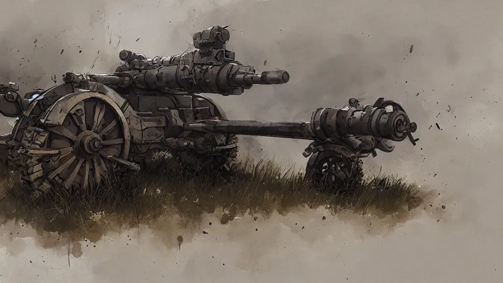 Image similar to realistic looking howitzer cannon, watercolored, jakub rozalski, dark colours, dishonored, artstation