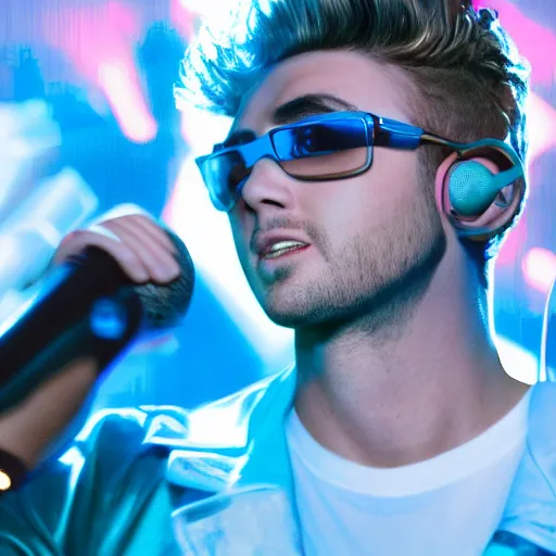 Image similar to the handsome lead singer of a boyband with sandy brown hair and blue eyes wearing a neon blue microphone headset posing on stage. n - sync, backstreet boys, one direction, bts concert. photorealistic. hyper realism. ray tracing hdr. intricate detailed masterpiece. lifelike.