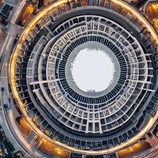 Image similar to the roman colosseum designed by zaha hadid, overhead view, golden hour, 4K Photograph