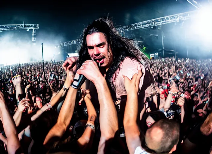 Image similar to photo still of andrew wk at the vans warped tour!!!!!!!! at age 3 6 years old 3 6 years of age!!!!!!!! stage diving into the crowd, 8 k, 8 5 mm f 1. 8, studio lighting, rim light, right side key light