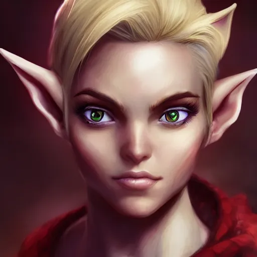 Image similar to close up headshot of a fantasy elf with short blonde hair, small ears and a strong jawline, character art, concept art, painting by Artgerm