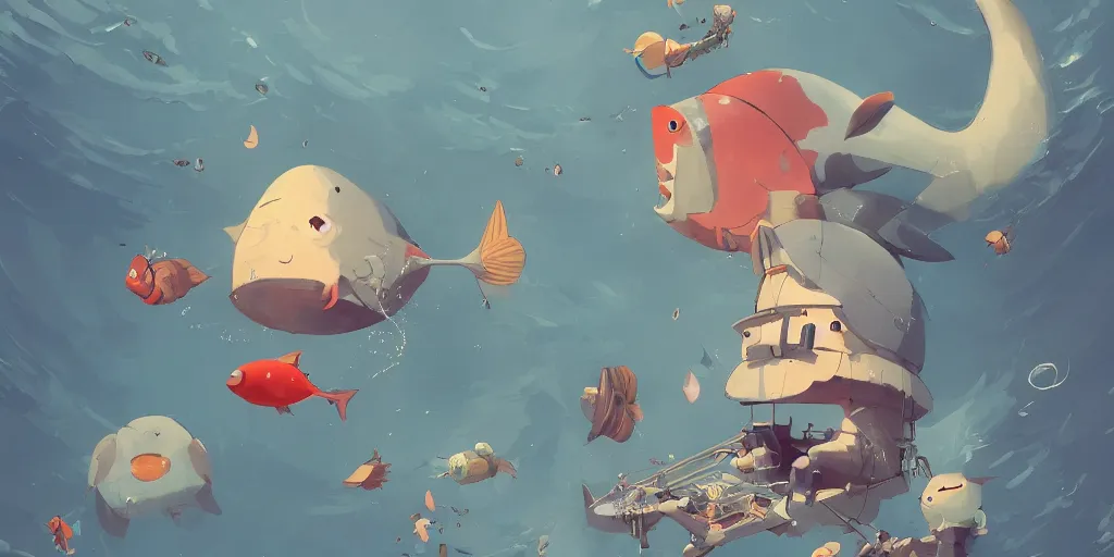 Image similar to cute anime fish by Goro Fujita and Simon Stalenhag and Banksy and Hieronymous Bosch, 8k, trending on artstation, hyper detailed, cinematic