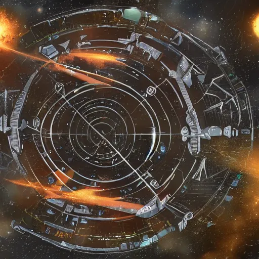 Image similar to a space junkyard forming a tilted disk in black starless space, a graveyard of space stations and giant space structures, dark sci - fi game map