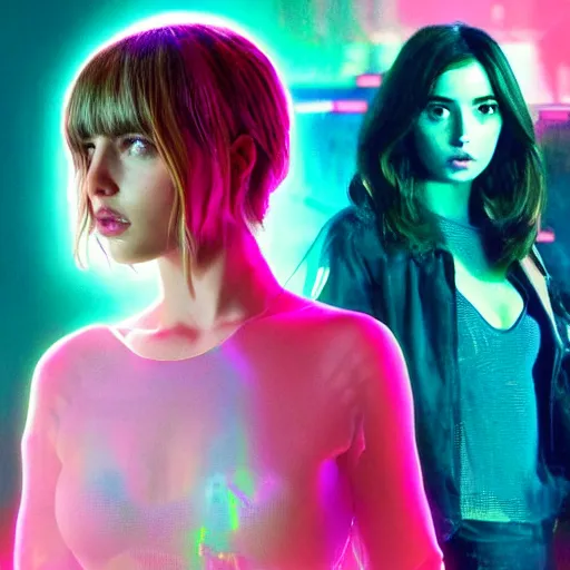 Prompt: giant pink hologram joi from blade runner 2 0 4 9 played by ana de armas, neo noire