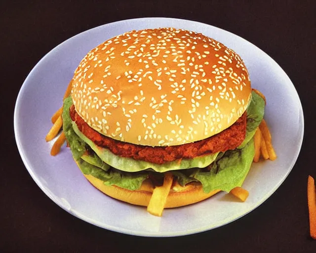 Image similar to 1970's cookbook color photograph of a big Mac with fries sharp detail high detail