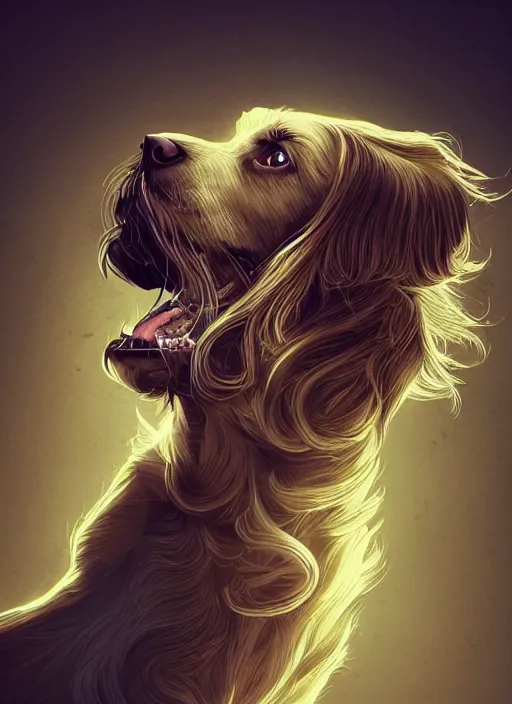 Image similar to beautiful illustration of a dog, gorgeous, amazing, flowing hair, muscular, very muscular male body, in the style abigail larsonand and sam guay, rim light, beautiful lighting, 8 k, stunning scene, octane, trending on artstation