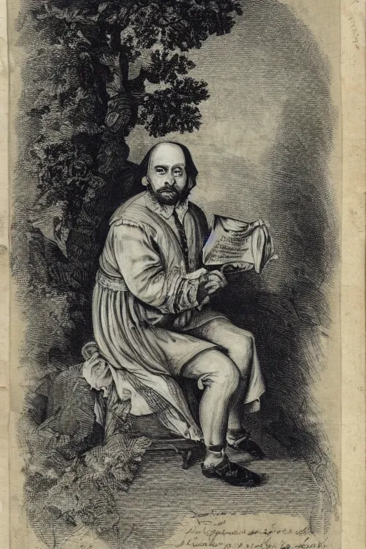 Image similar to shakespeare sitting beneath a shade tree with a big pile of crumpled parchment behind him