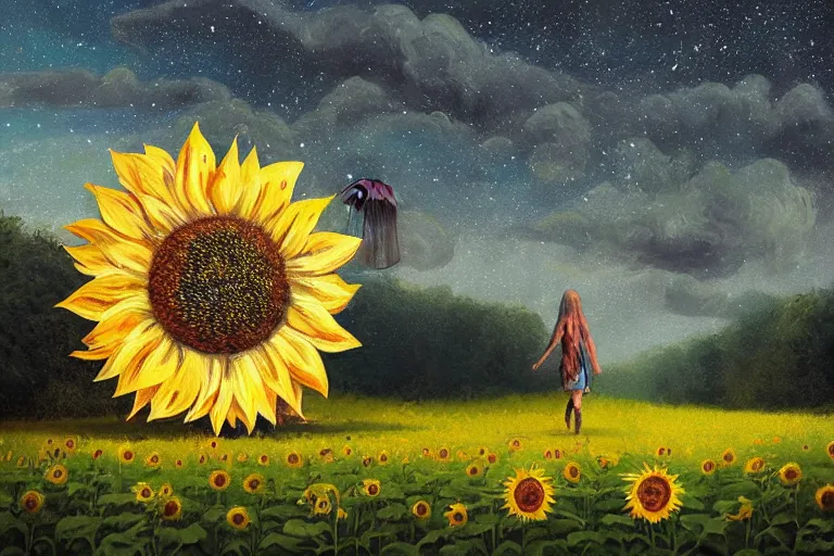 Image similar to giant sunflower as a head, girl walking between trees, hills, surreal photography, dark night, star trails, dramatic light, impressionist painting, clouds, digital painting, artstation, simon stalenhag