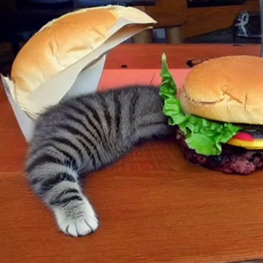 Prompt: a cute cat about to eat a burger