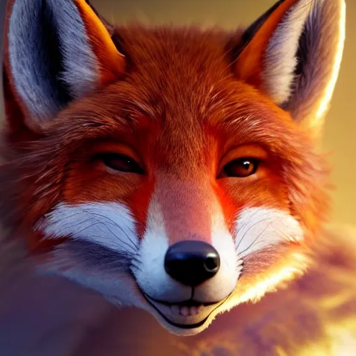 Image similar to a highly detailed portrait of a humanoid light brown fox, with a white muzzle, bright orange eyes, in a purple cloak, artstation, DeviantArt, professional, octane render