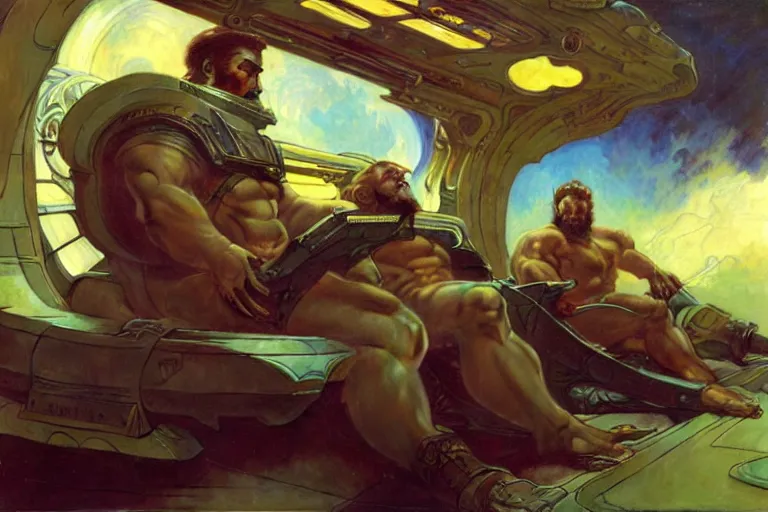 Image similar to beefy attractive men in spaceship, painting by gaston bussiere, craig mullins, greg rutkowski, alphonse mucha