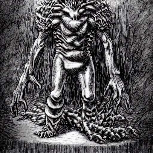 Prompt: A horrid creepypasta monster by kentaro miura