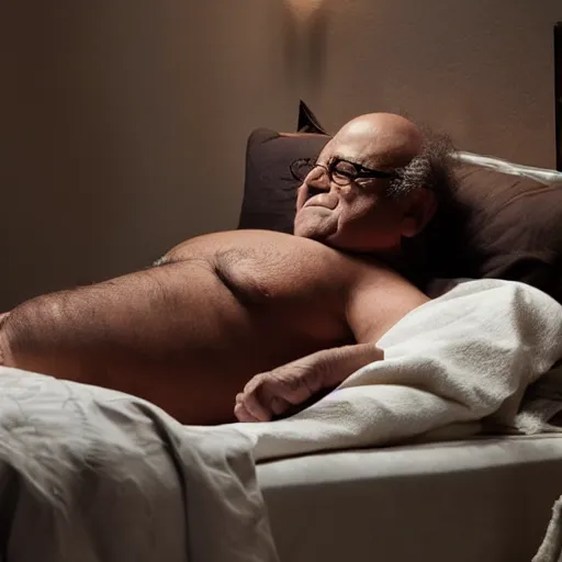 Image similar to Danny DeVito on a bed with The Predator, cinematic, studio light, 8K,