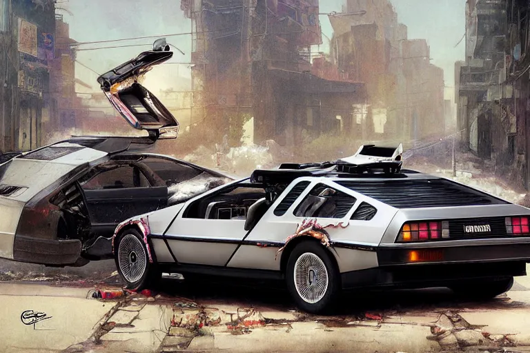 Image similar to photograph of the delorean, with a sleek spoiler, driving down the streets of a cyberpunk abandoned city, by greg rutkowski, by stanley artgerm, by alphonse mucha