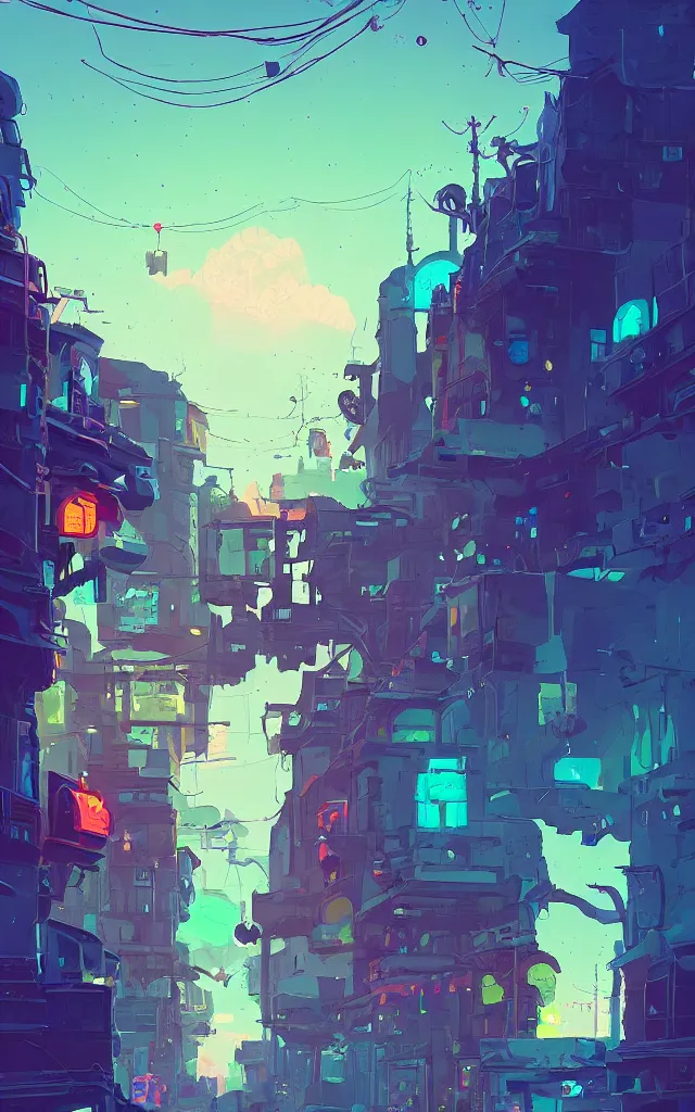 Image similar to an alley at street level in an abandoned city in a fantastic landscape against a ridiculous sky by Anton Fadeev and Simon Stålenhag