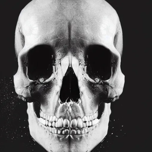 Prompt: professional photograph of a broken human skull, black fluid coming out, black and white, white background, 50mm, black and white