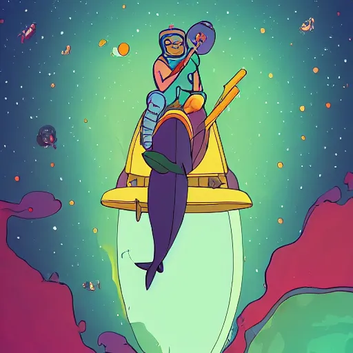 Image similar to Bojack Horseman riding a whale in space, beautiful digital art, trending on artstation, Bojack Horseman