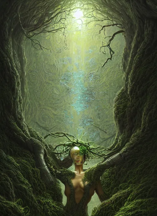 Image similar to Portrait of an Ancient Robot with a tree growing out of its head, patches of moss, translucent leaves, extremly detailed digital painting, in the style of Tomasz Alen Kopera and Fenghua Zhong and Peter Mohrbacher, mystical colors, rim light, beautiful lighting, 8k, stunning scene, raytracing, octane, trending on artstation