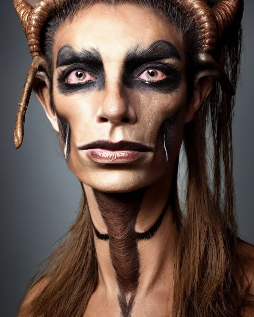 Prompt: Juliana Awada in Elaborate Pan Satyr Goat Man Makeup and prosthetics designed by Rick Baker, Hyperreal, Head Shots Photographed in the Style of Annie Leibovitz, Studio Lighting