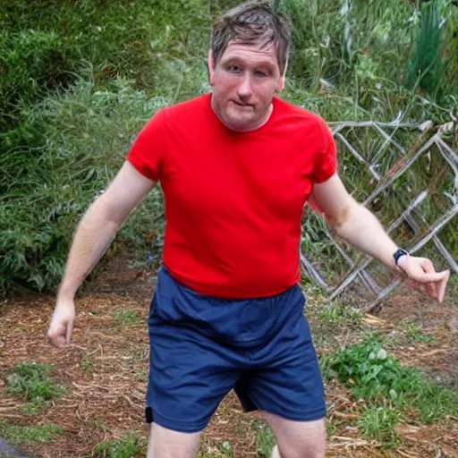 Image similar to a middle aged irish / english man with brown hair, red cheeks, clean shaven, and wearing shorts and a dark blue t - shirt, dancing animatedly like a chicken in the kitchen. he has brown medium hair