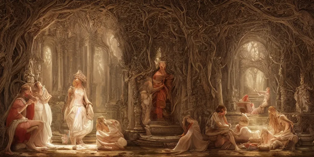 Image similar to a stunning and noble highly detailed romantic period style painting of the place where gods come into being by james jean, josep tapiro baro and harles sillem lidderdale, trending on artstation, oil painting masterpiece, symmetry, rule of thirds, mysterious