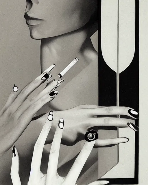 Image similar to you can see in the picture, acurate, real, elegant female hand, holding a cigarette with her fingers, elegant up to the elbow, only five fingers, separated, elegant, neat nails, fotorealism, advertisement for a crossover salon, style by Maurits Cornelis Escher, 8k,