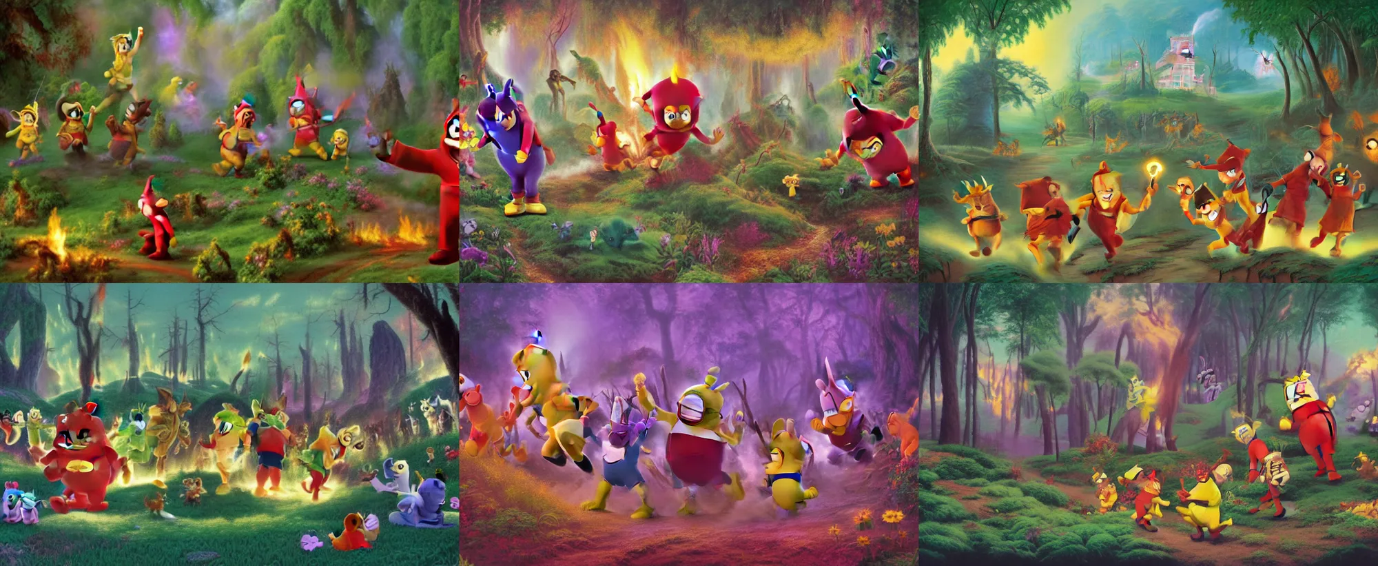 Prompt: Movie frame from the coloured Disney animated motion picture released in 1937, evil cursed Teletubbies transformers are burning down the forest, beautiful enchanted forest full of critters, directed by Walt Disney, highly detailed background paintings by Thomas Kinkade, Minions digimon