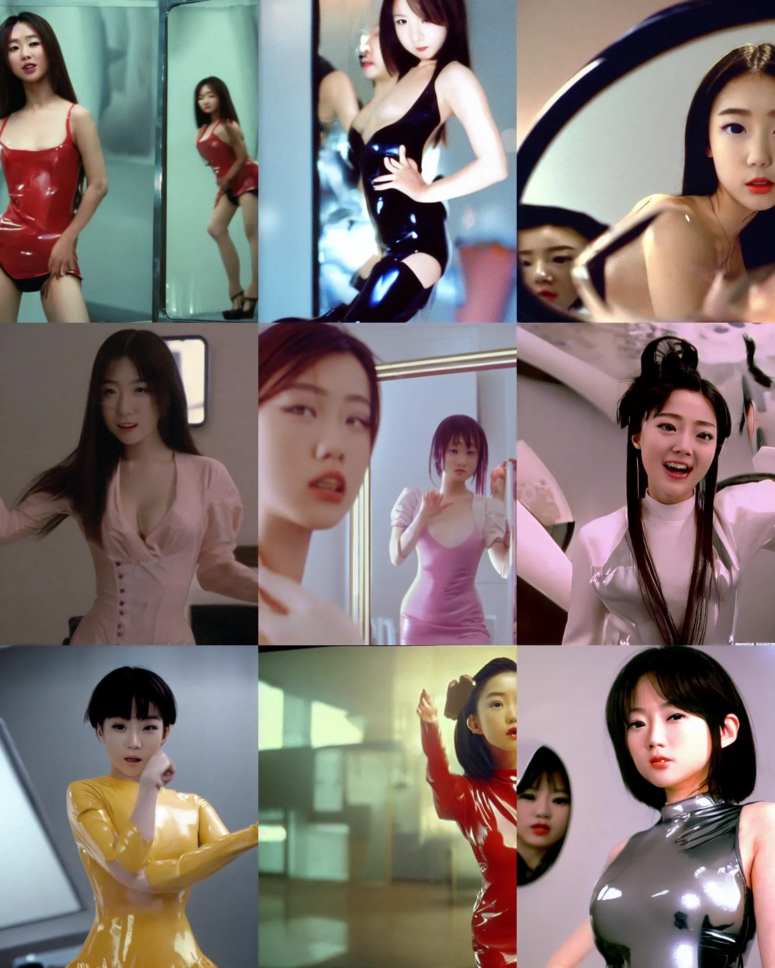 Prompt: Worksafe,clothed.1990s,unbelievably beautiful,perfect,dynamic,epic,cinematic movie shot of a close-up japanese beautiful cute young J-Pop idol actress girl in latex dress,reflected in giant mirror,expressing joy and posing.By a Chinese movie director.Motion,VFX,Inspirational arthouse,high budget,hollywood style,at Behance,at Netflix,Instagram filters,Photoshop,Adobe Lightroom,Adobe After Effects,taken with polaroid kodak portra