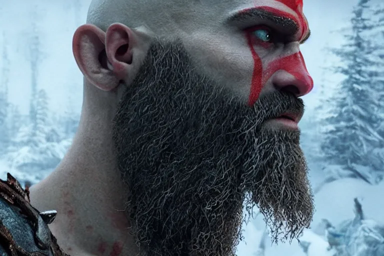 Image similar to vfx movie live action god of war closeup, natural grizzled skin by emmanuel lubezki