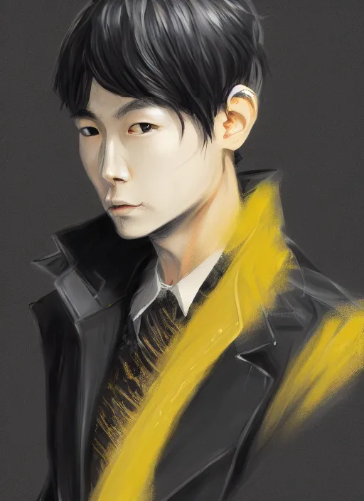 Image similar to a highly detailed illustration of young attractive japanese guy wearing black detective coat, yellow eyes, dramatic standing pose, hyperdetailed perfect face, perfect eyes, intricate, elegant, highly detailed, centered, digital painting, artstation, concept art, smooth, sharp focus, league of legends concept art, wlop.