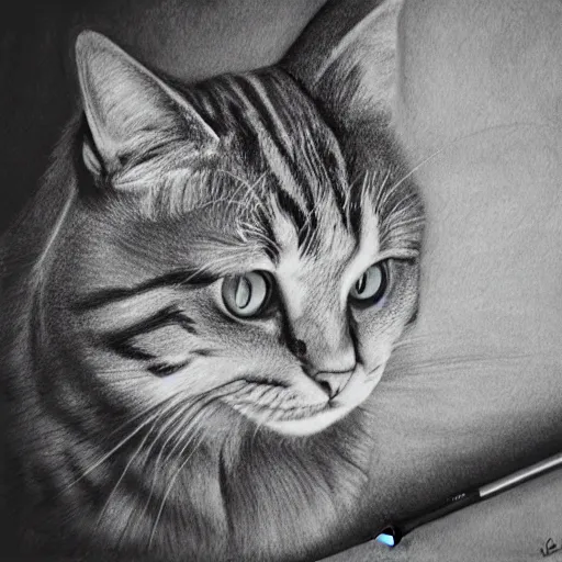 Image similar to Photography of Cat drawing himself, photorealism,