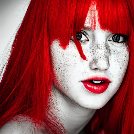 Prompt: black & white portrait of a red-haired girl with freckles, high quality, high detailed, 35mm lens, black background