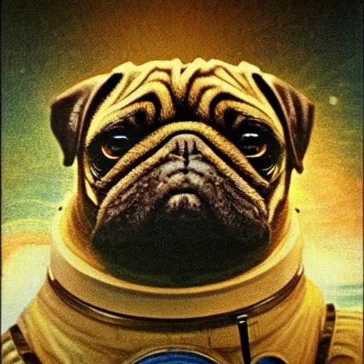 Image similar to golden - ratio, spirals, highly detailed, astronaut pug in outer space painted by davinci.