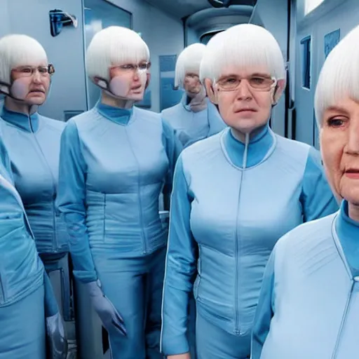Prompt: troop of grannies with white bob hairdos, tight light blue neopren pilot suits, futuristic cloning facility, sci - fi, highly detailed, cinematic