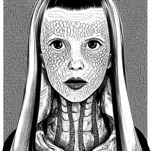 Prompt: a detailed portrait of millie bobby brown in the style junji ito, 8k, ornate, intricate