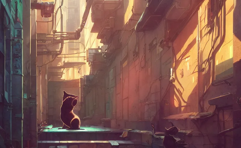 Prompt: low angle shot of a cat stretching in an alleyway in a space opera cyberpunk studio ghibli animated film, volumetric lighting, octane render by anime, stanley artgerm lau, greg rutkowski, thomas kindkade, alphonse mucha, loish, norman rockwel, highly detailed