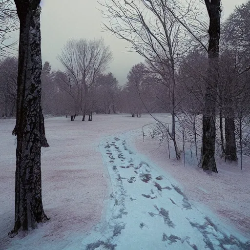 Prompt: mystic winter landscape by wes anderson
