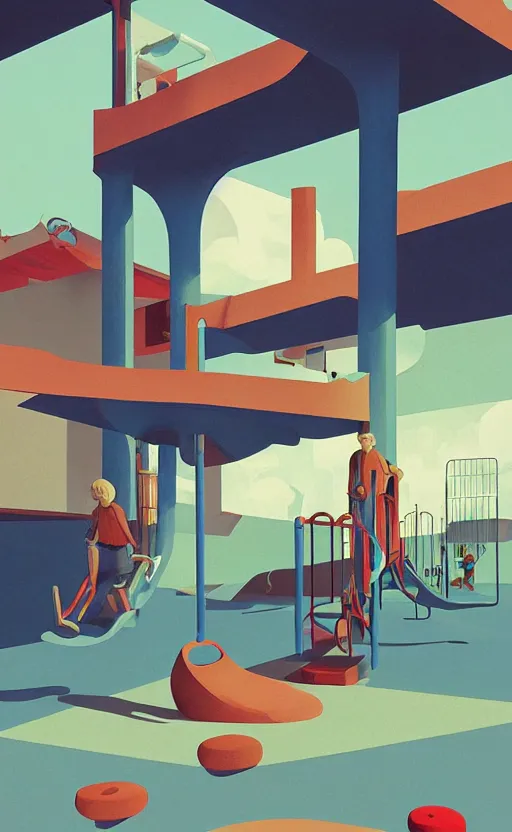 Prompt: children playground, surreal illustration, by atey ghailan and escher and edward hopper